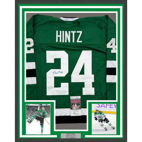 Framed Autographed/Signed Roope Hintz 35x39 Dallas Green Hockey Jersey JSA COA