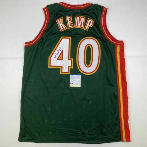 Autographed/Signed SHAWN KEMP Seattle Dark Green Basketball Jersey PSA/DNA COA