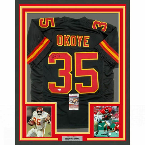 FRAMED Autographed/Signed CHRISTIAN OKOYE 33x42 Kansas City Black Jersey JSA COA