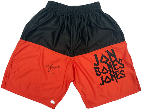 JON BONES JONES AUTOGRAPHED RED BOXING TRUNKS BECKETT BAS QR STOCK #200322