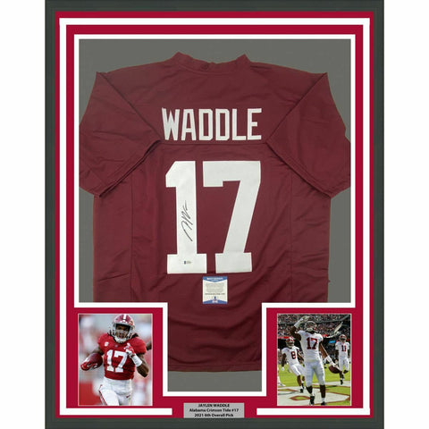 FRAMED Autographed/Signed JAYLEN WADDLE 33x42 Alabama Red College Jersey BAS COA