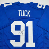 Autographed/Signed Justin Tuck New York Blue Football Jersey JSA COA