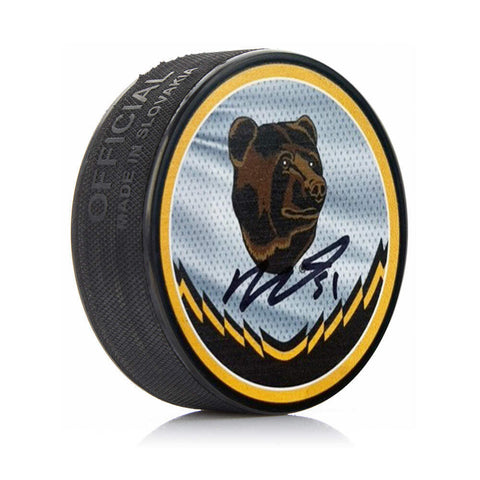 Matthew Poitras Autographed Boston Bruins Reverse Retro Hockey Logo Puck JSA PSA