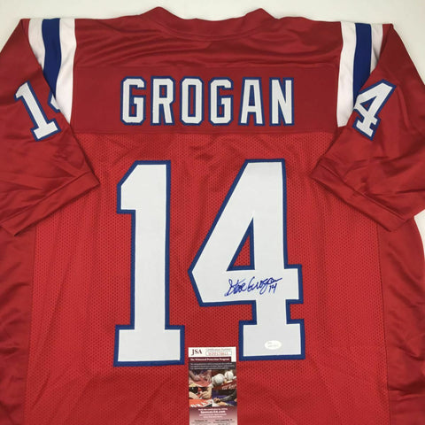 Autographed/Signed STEVE GROGAN New England Red Football Jersey JSA COA Auto