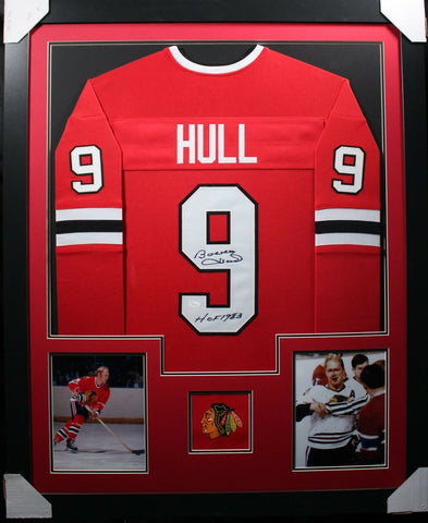 BOBBY HULL (Blackhawks red TOWER) Signed Autographed Framed Jersey JSA