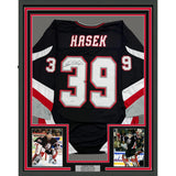 Framed Autographed/Signed Dominik Hasek 35x39 Buffalo Black Jersey BAS COA