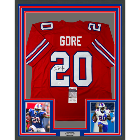 Framed Autographed/Signed Frank Gore 33x42 Buffalo Red Football Jersey JSA COA