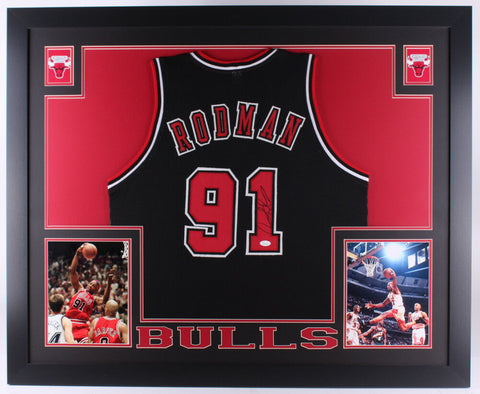 Dennis Rodman Signed Chicago Bulls 35" x 43"Custom Framed Black Jersey (JSA COA)