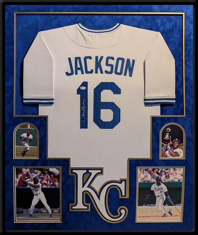 SUEDE FRAMED KANSAS CITY ROYALS BO JACKSON AUTOGRAPHED SIGNED JERSEY BECKETT COA