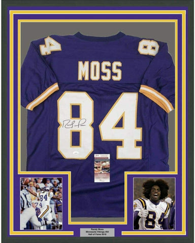 Framed Autographed/Signed Randy Moss 33x42 Minnesota Purple Jersey JSA COA