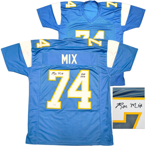 CHARGERS RON MIX AUTOGRAPHED BLUE JERSEY "HOF 1979" BECKETT WITNESS 230001