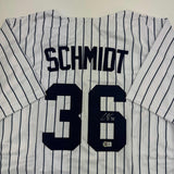 Autographed/Signed Clarke Schmidt New York Pinstripe Baseball Jersey BAS COA