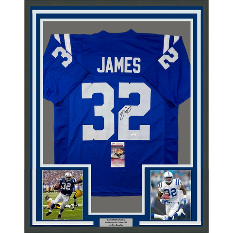 Framed Autographed/Signed Edgerrin James 33x42 Indianapolis Blue Jersey JSA COA