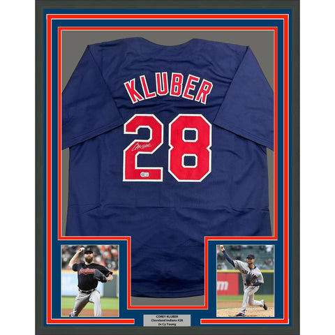 Framed Autographed/Signed Corey Kluber 35x39 Cleveland Blue Jersey BAS COA