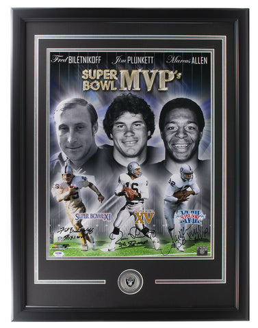 Fred Biletnikoff Jim Plunkett Marcus Allen Signed Framed 16x20 Sb MVP Photo PSA