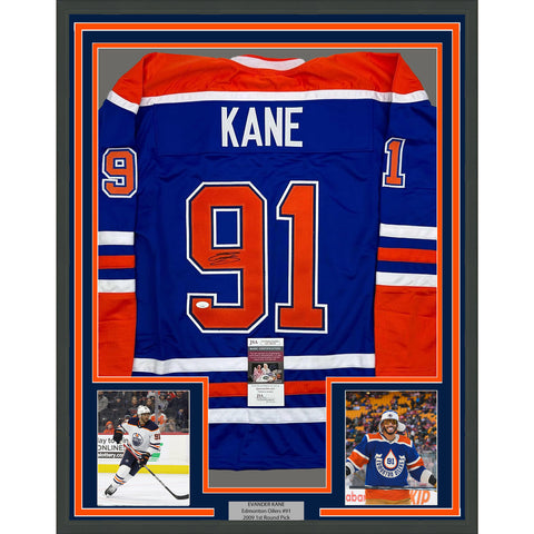 Framed Autographed/Signed Evander Kane 35x39 Edmonton Blue Hockey Jersey JSA COA