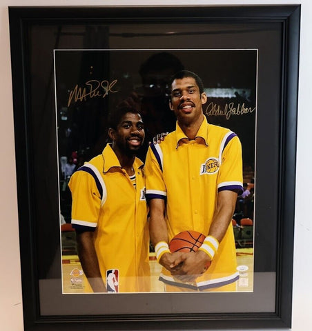 Magic Johnson & Kareem Adul-Jabaar Dual Autographed Warmup Photo - JSA Letter Pe