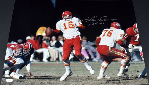 LEN DAWSON AUTOGRAPHED KANSAS CITY CHIEFS 16x20 PHOTO JSA W/ HOF 87