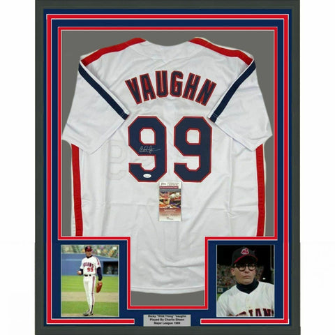 FRAMED Autographed/Signed CHARLIE SHEEN 33x42 Ricky Vaughn Movie Jersey JSA COA