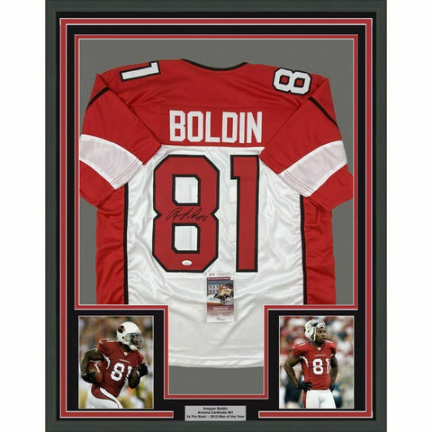 FRAMED Autographed/Signed ANQUAN BOLDIN 33x42 Arizona White Jersey JSA COA