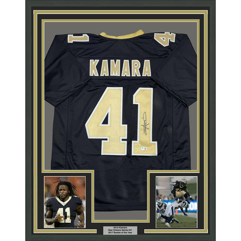 Framed Autographed/Signed Alvin Kamara 35x39 New Orleans Black Jersey BAS COA