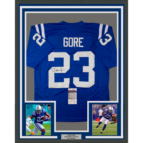 Framed Autographed/Signed Frank Gore 33x42 Indianapolis Blue Jersey JSA COA