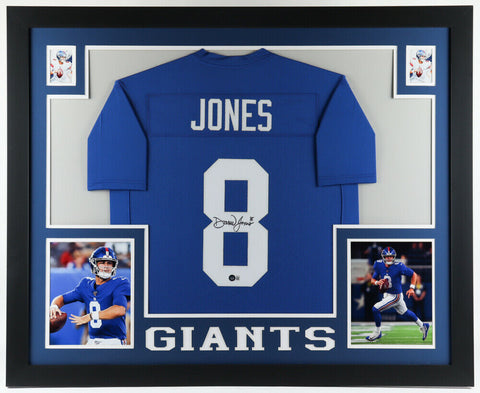 Daniel Jones Signed New York Giants 35" x 43" Framed Blue Jersey (JSA Hologram)