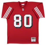 49ers Jerry Rice Signed Red M&N Jersey w/ Dropshadow Fanatics #QL84398928