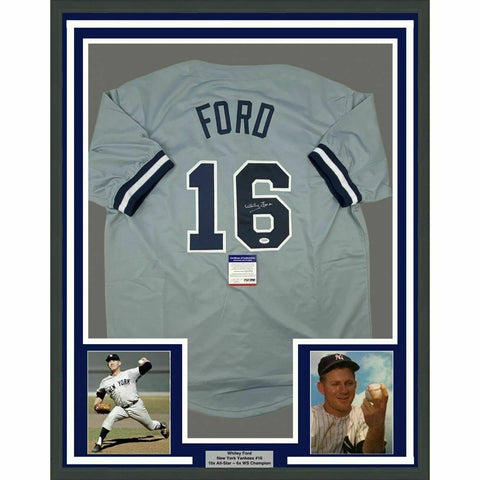 FRAMED Autographed/Signed WHITEY FORD 33x42 New York Grey Jersey PSA/DNA COA