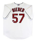 Indians Shane Bieber "2x Insc" Signed White Majestic Cool Base Jersey BAS Wit