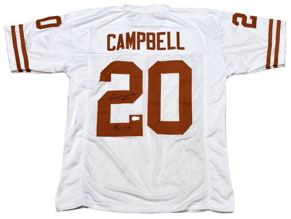 EARL CAMPBELL AUTOGRAPHED TEXAS LONGHORNS #20 WHITE JERSEY BECKETT W/ HT 77