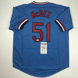 Autographed/Signed WILLIE MCGEE St. Louis Blue Baseball Jersey JSA COA Auto