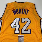 Autographed/Signed James Worthy Los Angeles LA Yellow Basketball Jersey JSA COA