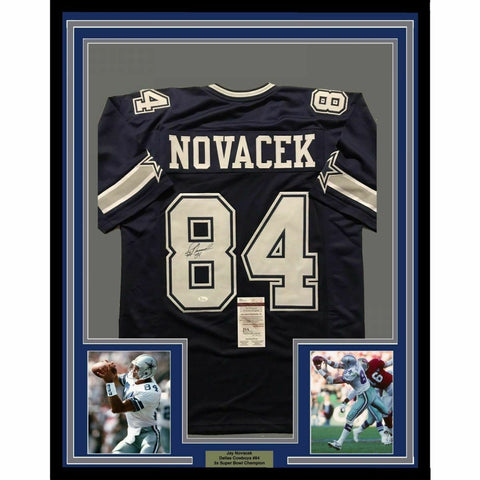 FRAMED Autographed/Signed JAY NOVACEK 33x42 Dallas Blue Football Jersey JSA COA