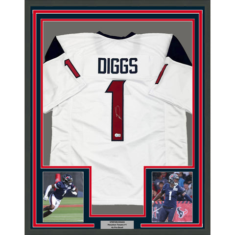 Framed Autographed/Signed Stefon Diggs 35x39 Houston White Jersey BAS COA