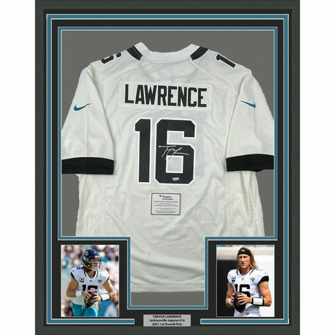 FRAMED Autographed TREVOR LAWRENCE 33x42 Jaguars White Nike Jersey Fanatics COA