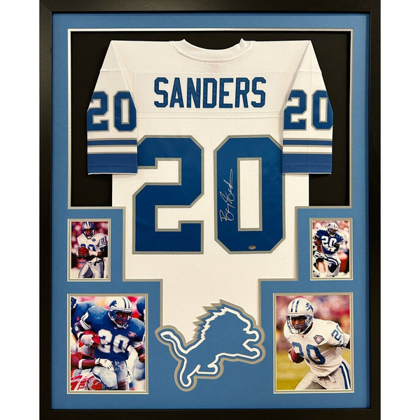 Barry Sanders Autographed Signed Framed White Detroit Lions Jersey SCHWARTZ