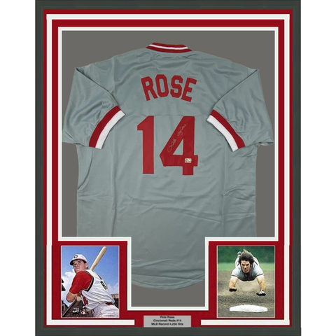 FRAMED Autographed/Signed PETE ROSE 33x42 Cincinnati Grey Baseball Jersey Player