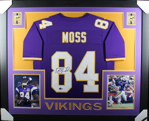 Randy Moss Autographed/Signed Pro Style Framed Purple XL Jersey Beckett 37000