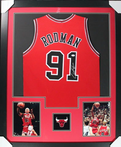 DENNIS RODMAN (Bulls red TOWER) Signed Autographed Framed Jersey JSA