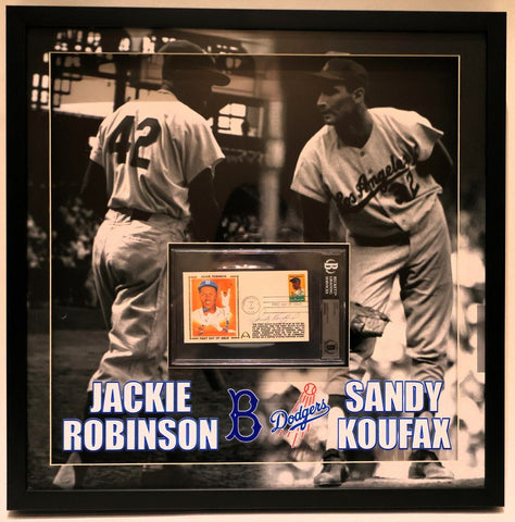 Jackie Robinson and Sandy Koufax Framed Photo with Sandy Koufax Signed Postcard