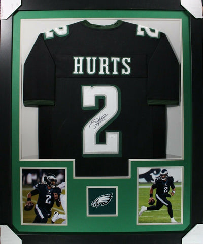 JALEN HURTS (Eagles black TOWER) Signed Autographed Framed Jersey JSA