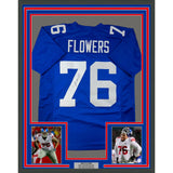 Framed Autographed/Signed Ereck Flowers 33x42 New York Blue Jersey JSA COA