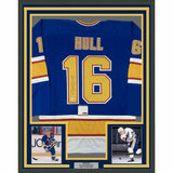 FRAMED Autographed/Signed BRETT HULL 33x42 St. Louis Blue Jersey PSA/DNA COA