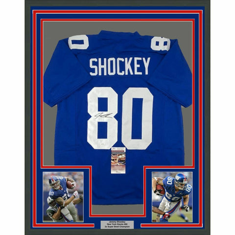 FRAMED Autographed/Signed JEREMY SHOCKEY 33x42 New York Blue Jersey JSA COA Auto