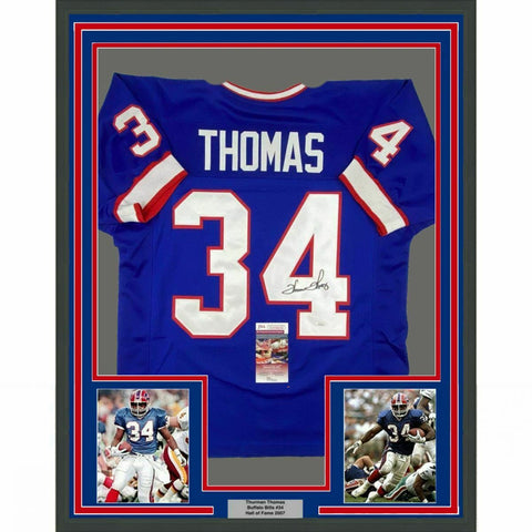 FRAMED Autographed/Signed THURMAN THOMAS 33x42 Buffalo Blue Jersey JSA COA Auto