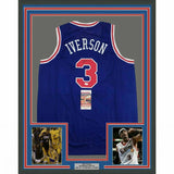 FRAMED Autographed/Signed ALLEN IVERSON 33x42 Philadelphia Blue Jersey JSA COA