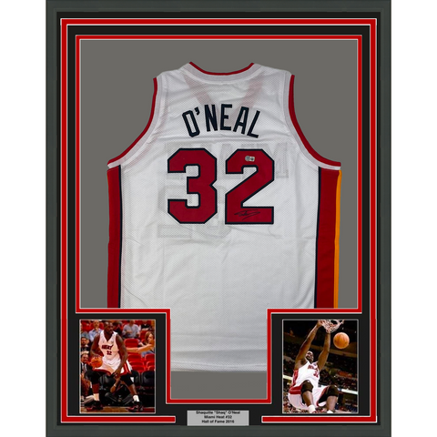 Framed Autographed/Signed Shaquille Shaq O'Neal 33x42 Heat White Jersey BAS COA