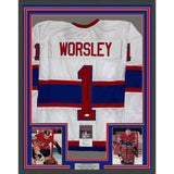 Framed Autographed/Signed Gump Worsley 35x39 Montreal White Jersey JSA COA