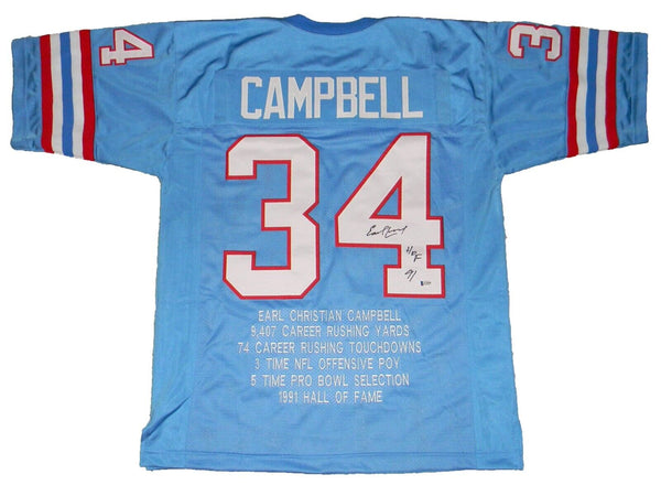 EARL CAMPBELL SIGNED HOUSTON OILERS #34 BLUE STAT JERSEY BECKETT W/ HOF 91